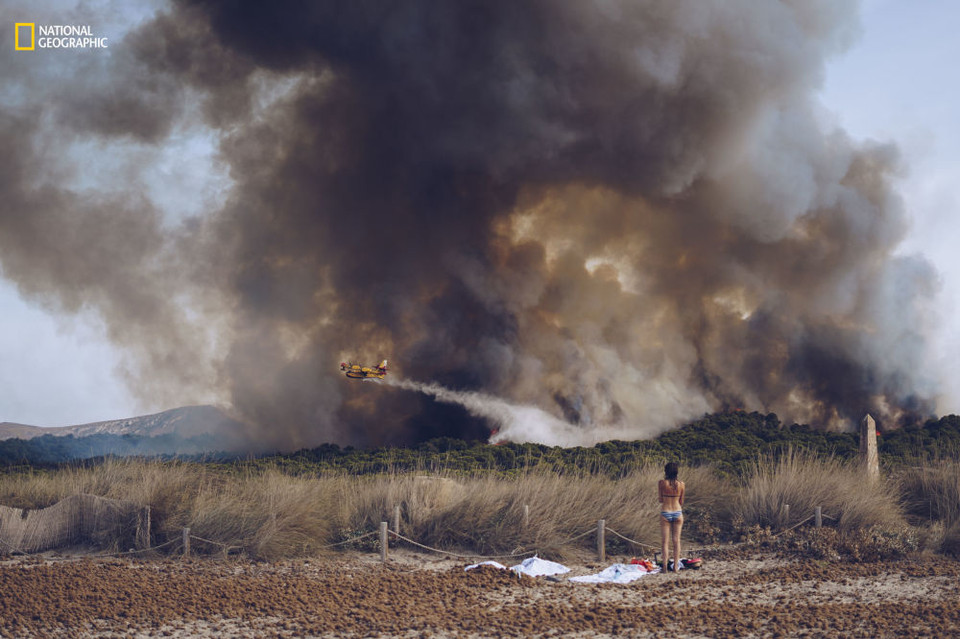 Mention honorable dans la catégorie "Problèmes environnementaux". Une jeune femme en bikini observe un feu de forêt qui s’approche dangereusement de la plage de Son Serra, sur l’île espagnole de Majorque. Un canadair largue sa cargaison pour éteindre l’incendie.