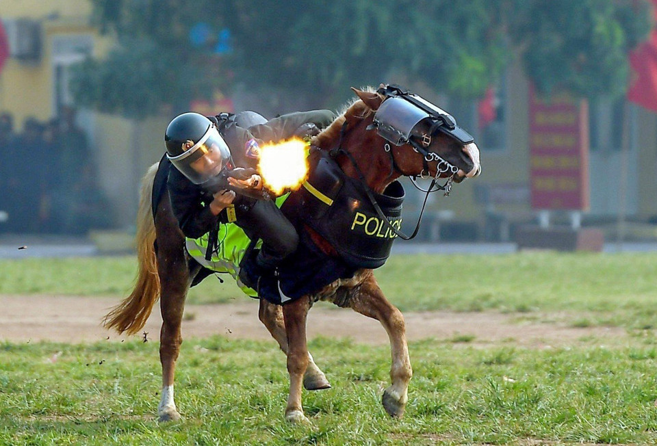  L'exercice de tir à cheval est complexe, mais il est habilement exécuté par les officiers et soldats de la Police mobile à cheval. Photo : VNA
