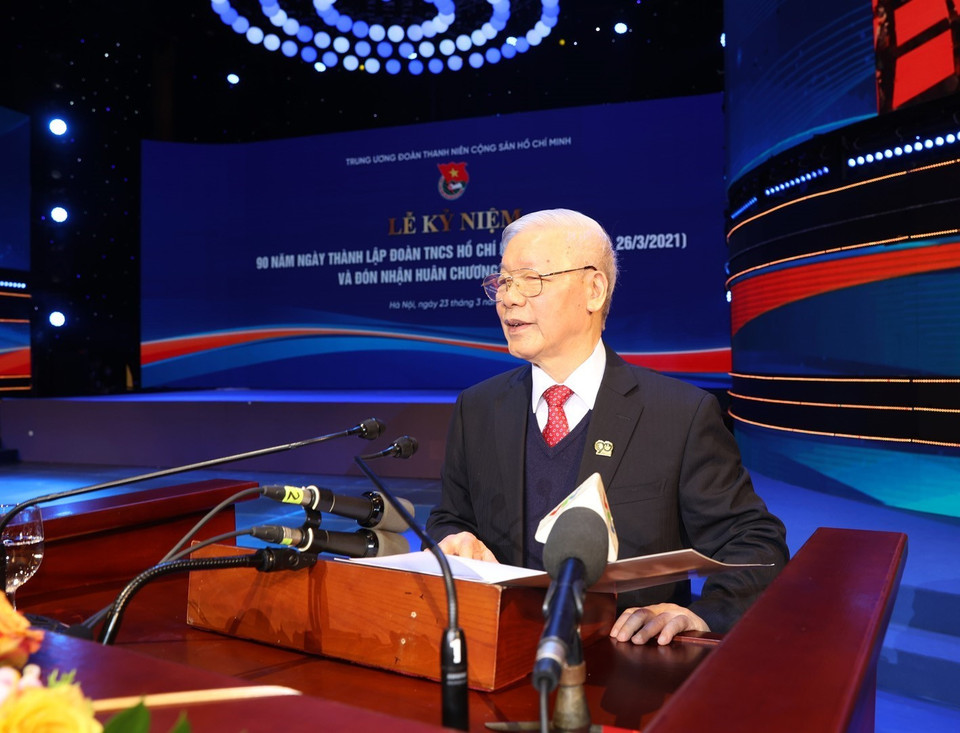 Le secrétaire général du Parti communiste du Vietnam et président de la République Nguyen Phu Trong s’exprime lors de la cérémonie. Photo : VNA