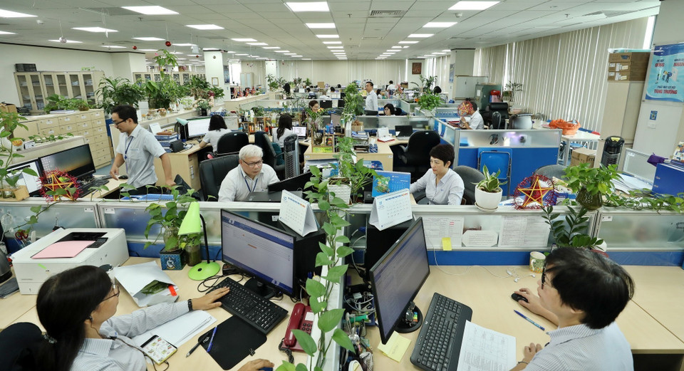 Des plantes ornementales sont disposés dans les bureaux du bâtiment, créant une atmosphère verte et fraîche. Photo: VNA