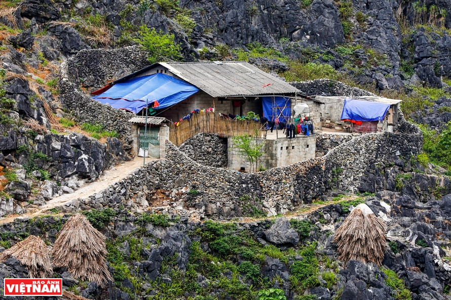 Une maison entourée d’une haie de pierres.