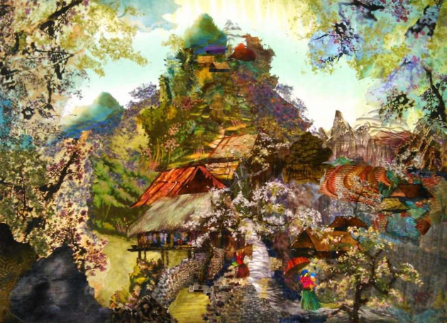 Si Catherine Juillerat a choisi la broderie pour s’exprimer, Thanh Thuc travaille le tissu. L’œuvre: printemps dans une région frontalière. 