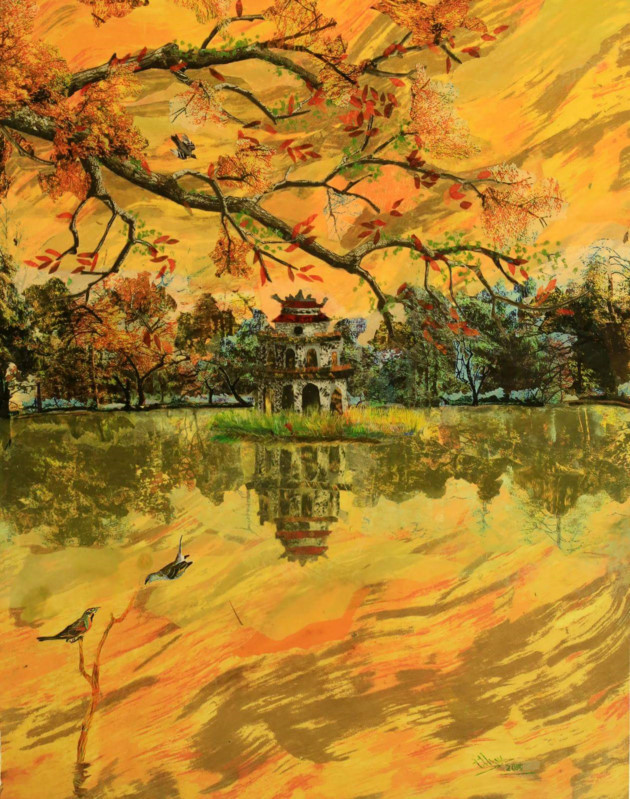 “Un après midi d’automne à Hanoi” a été réalisé avec des centaines de petits morceaux de tissus cousus les uns aux autres. 