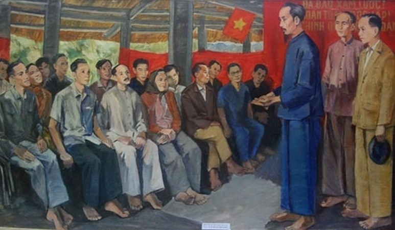 Un tableau du Congrès des représentants du peuple à Tan Trao , le 16 août 1945, où l'insurrection générale a été décidée pour reconquérir le pouvoir. 