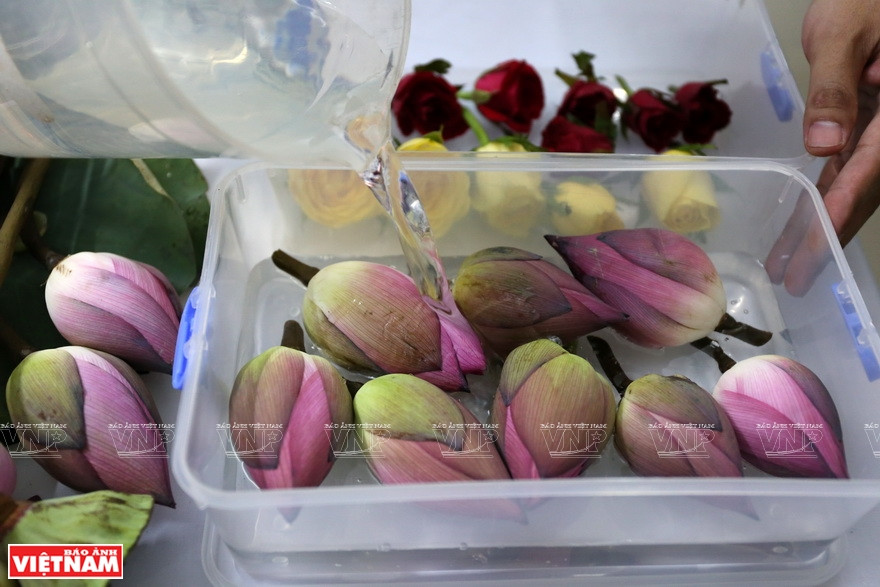 Après le traitement préliminaire, les fleurs sont traitées avec des produits chimiques écologiques. Photo: Vietnam Illustré