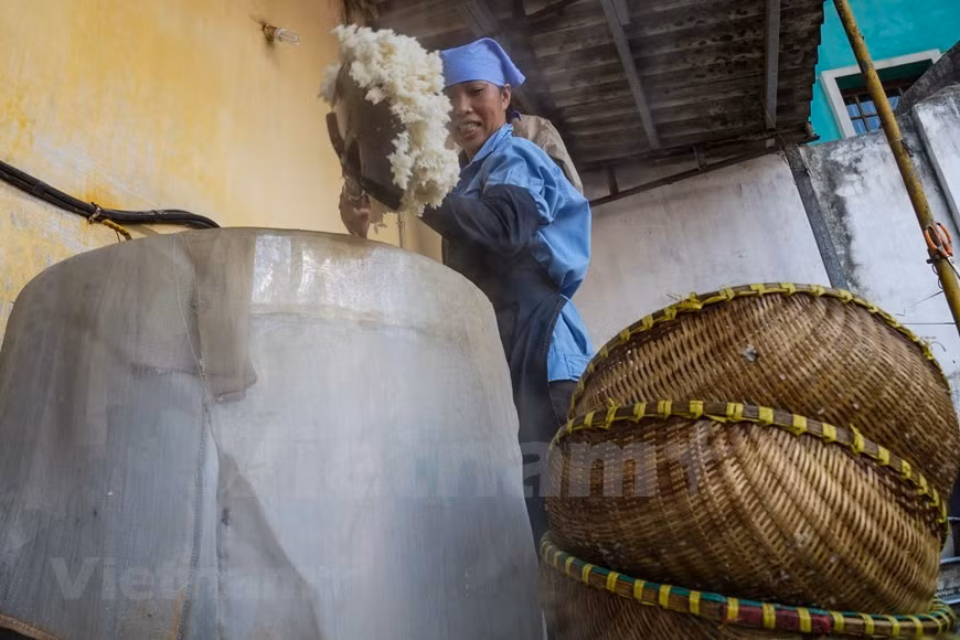 Le riz bouilli est laissé pendant trois jours jusqu'à ce qu'il devienne jaune avec des champignons.