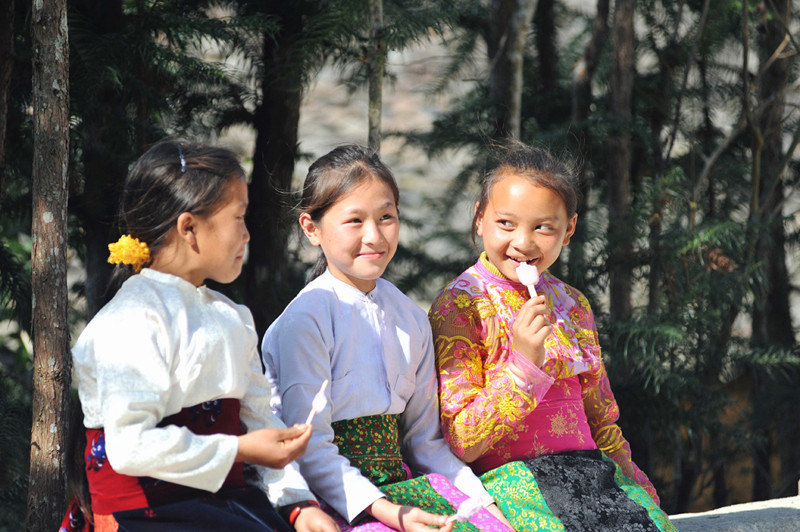 Trois filles mangeant de la glace sous l'arbre sa môc (cunning hamialanceolata), symbole de la forte vitalité de Hà Giang. Le bois de sa môc a été utilisé pour construire la tour du drapeau de Lung Cu sous la dynastie des Ly.