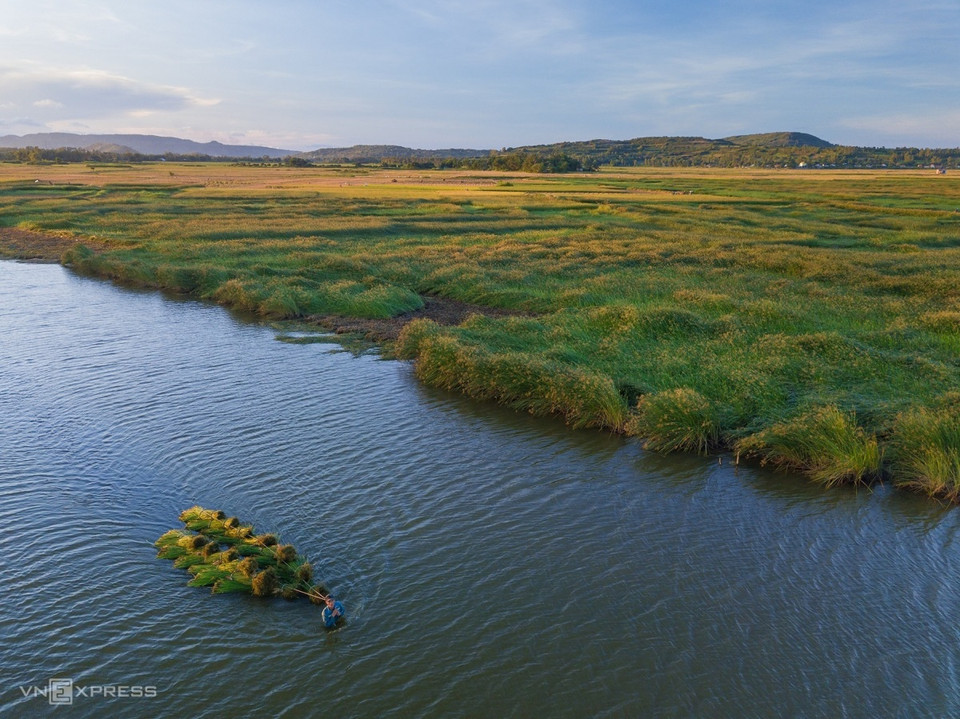 Un homme tire des fagots de carex attachés à un radeau le long d'une rivière. Afin d'avoir suffisamment de matières premières pour la production, le village a besoin de 25 à 30 tonnes de carex en moyenne par mois.