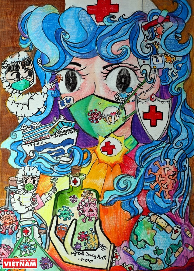 L'œuvre "Les soldats bloquent le coronavirus". Photo: VNP 