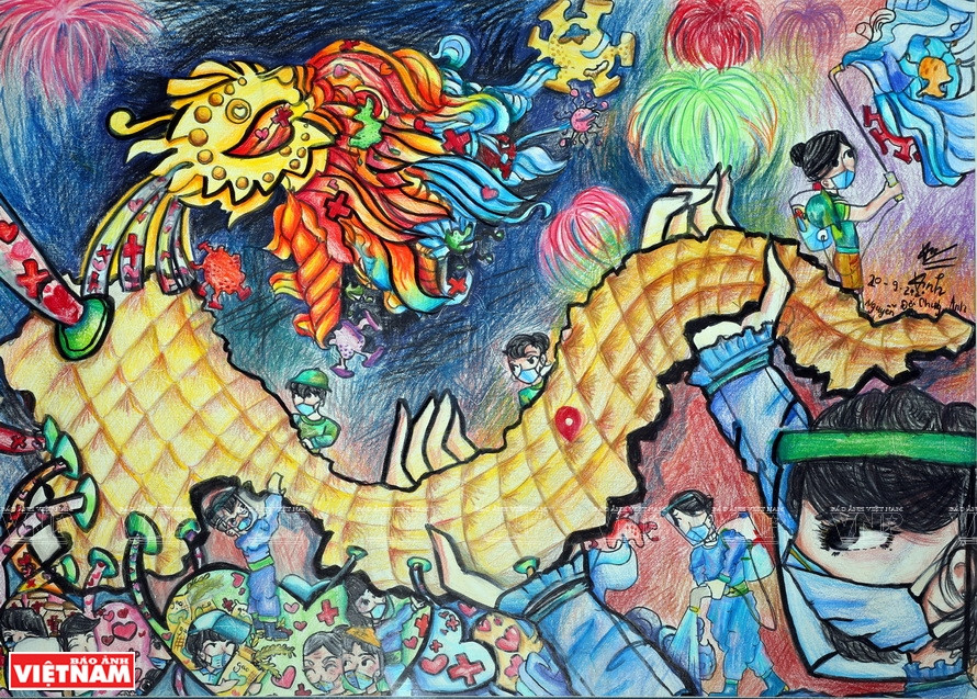 Inspiré du pont du Dragon et de celui d’Or à Da Nang, ce dessin montre l’image de solidarité des habitants du pays pour aider cette ville à surmonter l’épidémie. Photo : VNP