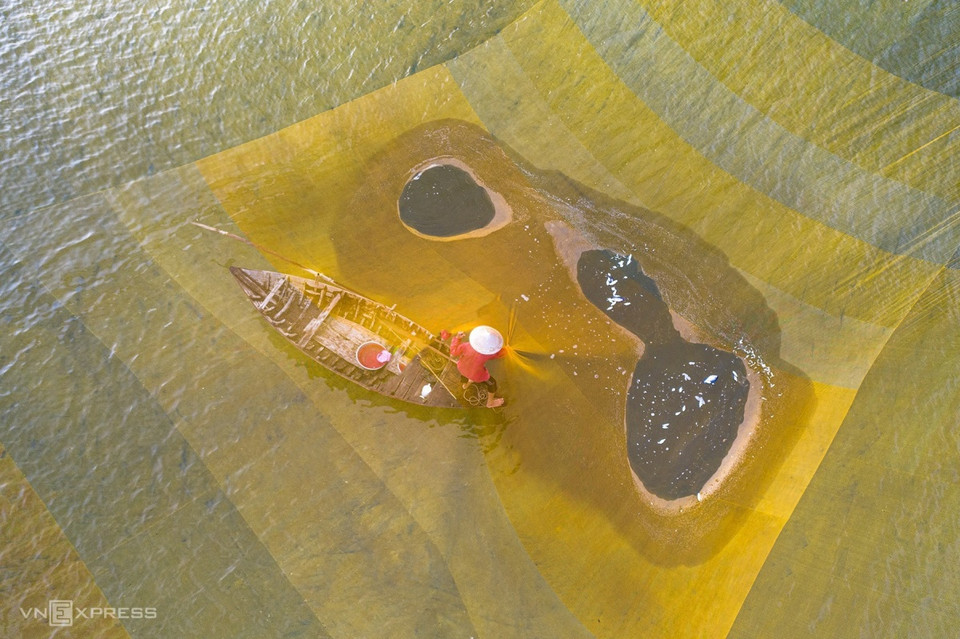 Des pêcheurs gagnent leur vie avec des échasses – un engin de pêche ressemblant à un « hamac doré », sur le ruisseau Thu Bon, près de la plage de Cua Dai, à Quang Nam. Photo: VNA