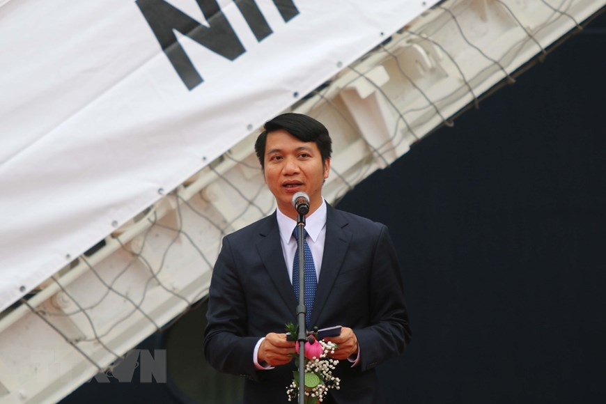  Le secrétaire du comité central de l'Union de la jeunesse communiste Ho Chi Minh, Nguyen Ngoc Luong, s’exprime lors de la cérémonie d’accueil. 