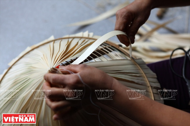 ...puis l’artisan place les feuilles de roseau dans le cerceau avant de les coudre.