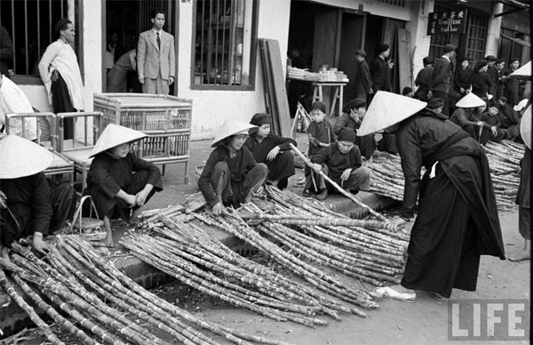Des vendeurs de cannes à sucre au marché de Ky Lua.