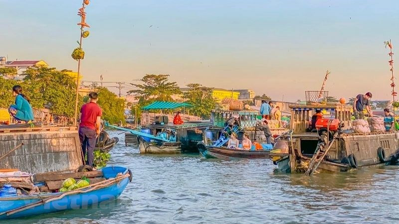 Vu Linh, batelier, raconte: "La rivière Cân Tho est très importante car elle dessert de nombreuses localités vietnamiennes comme Cà Mau, Rach Gia, Hà Tiên jusqu'à la capitale cambodgienne Phnom Penh. Les commerçants ont l'habitude de s'arrêter ici pour échanger et vendre leurs marchandises. Au fil du temps, le marché est devenu de plus en plus animé". La technique de présenter leurs produits est vraiment typique des marchés flottants du delta du Mékong. Les vendeurs accrochent leurs marchandises à un poteau de 3 à 5 m de haut accroché dans le bateau afin que les clients puissent facilement les voir ou les reconnaître de loin. Photo: VietnamPlus