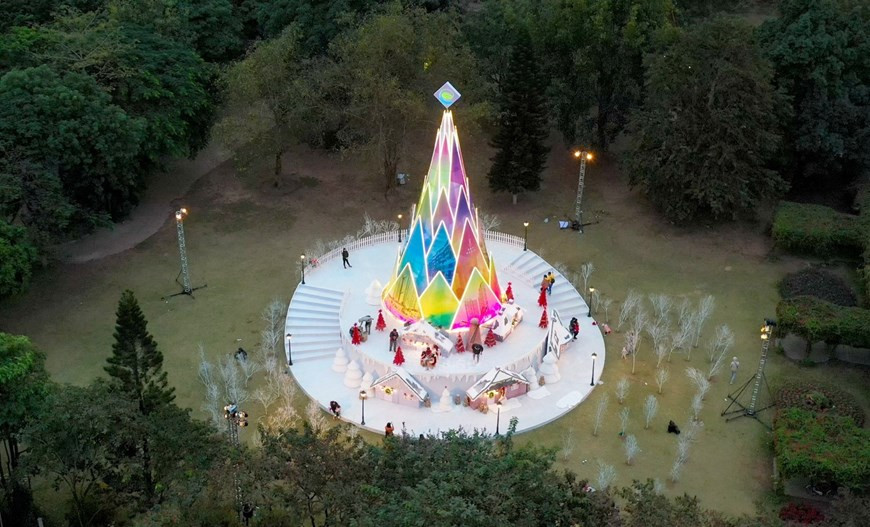 Ces jours-ci, les jeunes de Hanoi affluent le parc Mua Ha (été) pour s'enregistrer dans la zone urbaine Ecopark, pour jouir l'atmosphère de Noël et voir la pousse de bambou la plus unique au Vietnam. Photo: VNA