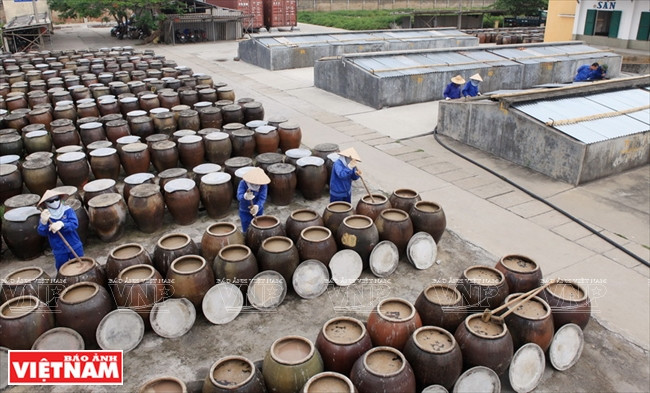 Les poissons sont préparés, assaisonnés avec du sel puis conservés en fûts. Chaque jour, on ouvre le couvercle et on mélange pour que les poissons fermentent rapidement. En une année, la sauce prend une couleur ambrée, devient parfumée. Elle est filtrée et la liquide obtenu est le nuoc mam.