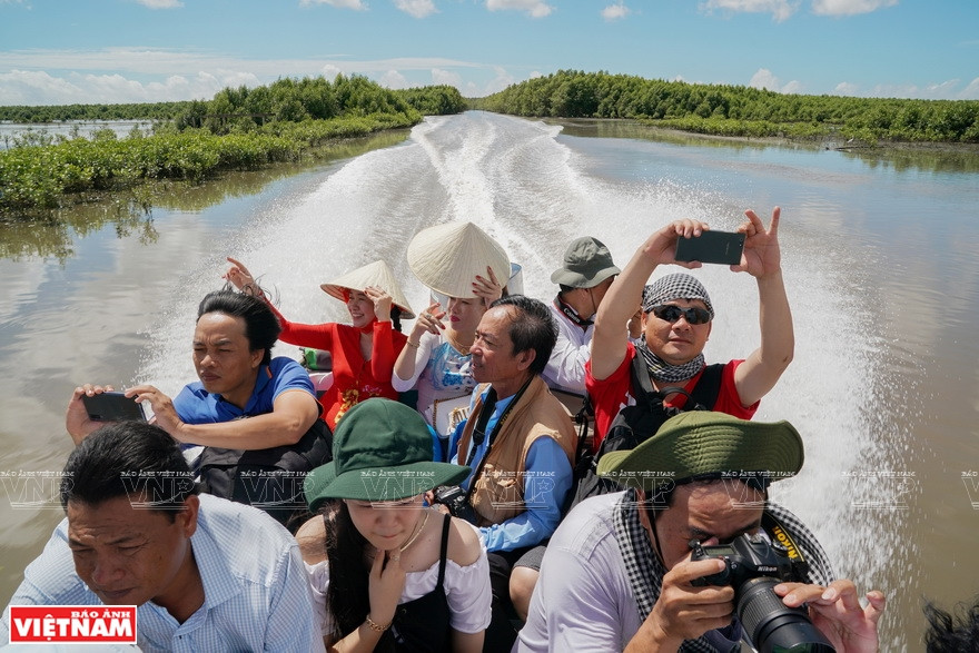 Des visiteurs découvrent le Cap Cà Mau en bateau.