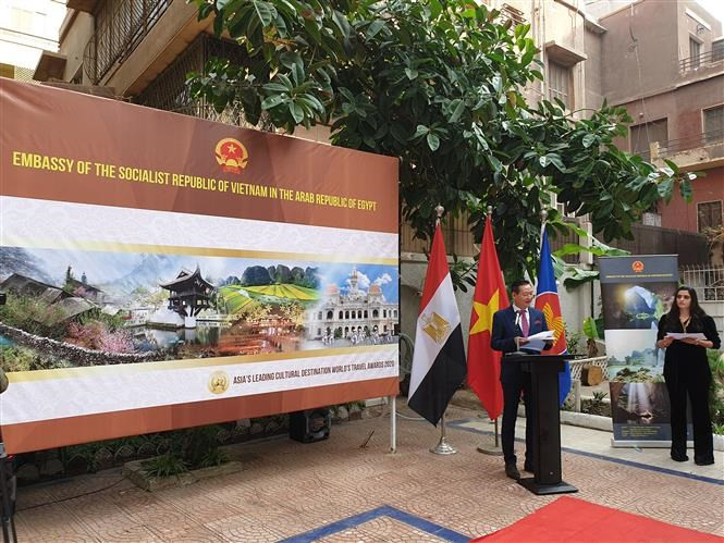 L'ambassadeur du Vietnam en Égypte, Tran Thanh Cong, s'exprime lors du vernissage de l'exposition. 
