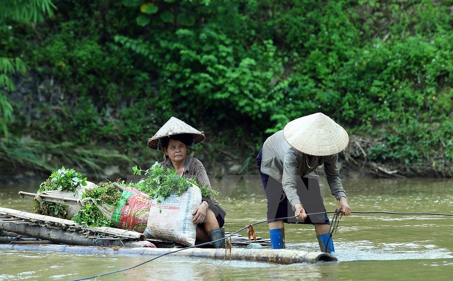 Les habitants locaux doivent utiliser des radeaux de bambou au péril de leur vie. Photo: VNA
