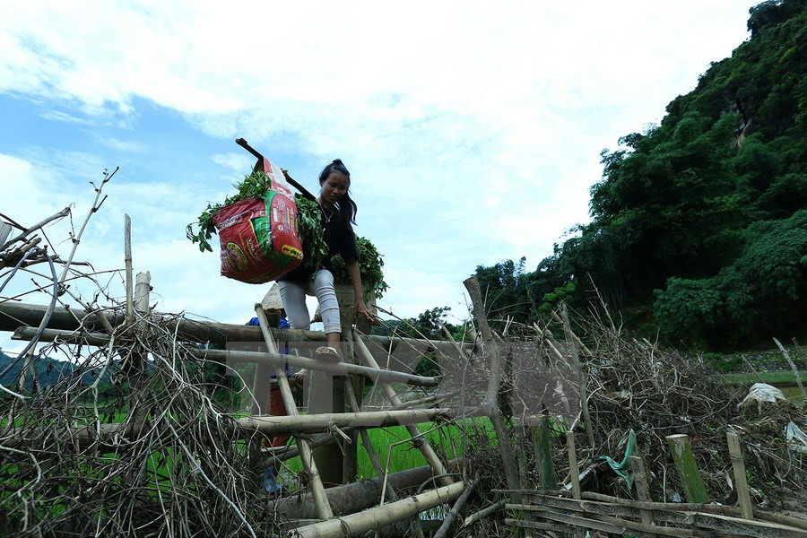 Après la traversée de la rivière, les habitants locaux doivent encore parcourir une longue route pour arriver au centre de la commune. Photo: VNA