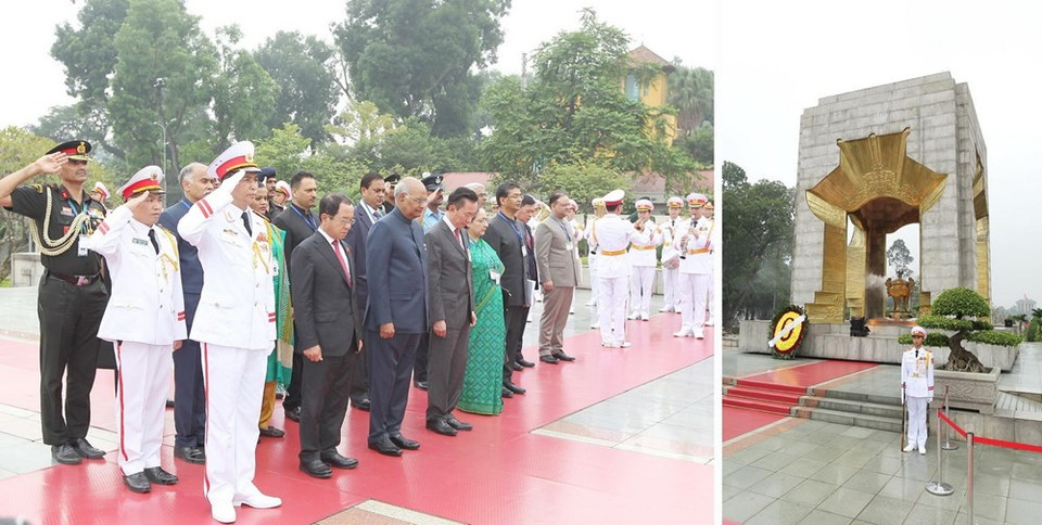 Auparavant, le président indien, son épouse et sa délégation étaient allés déposer une gerbe de fleurs au mémorial des Héros morts pour la Patrie.