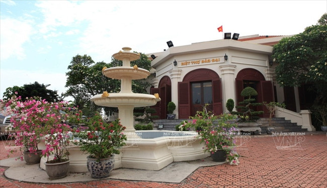 Des arbustes en fleurs et une fontaine devant la villa.