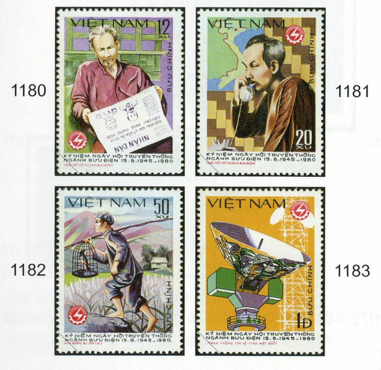 Collection de timbre commémorant le 35e Journée traditionnelle de la Poste (15 août 1945), dessinée par les peintres Tran Huy Khanh (1180), Tran Ngoc Uyen (1181), Nguyen Hiep (1182) et Tran Luong (1183) .