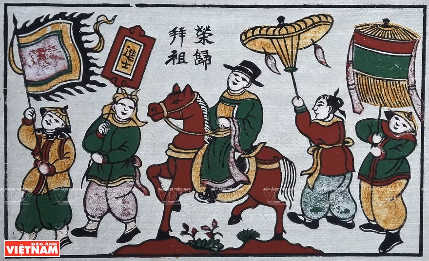 Les tableaux « Vinh hoa » (Gloire), « Dan lon » (Troupeau de porcs) et « Vinh quy bái to » (Rentrée triomphale au pays natal ) sont les peintures de Dong Ho largement connues. Photo : VNA