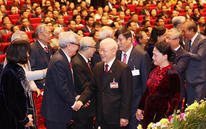 Le secrétaire général du Parti et président du Vietnam, Nguyen Phu Trong et la présidente de l'Assemblée nationale Nguyen Thi Kim Ngan participent à la cérémonie d'ouverture du Congrès. Photo: VNA