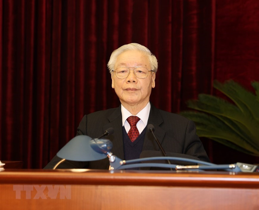 Le secrétaire général du Parti et président vietnamien Nguyen Phu Trong donne son discours de clôture lors du 15e Plénum du Comité central du Parti. Photo : VNA