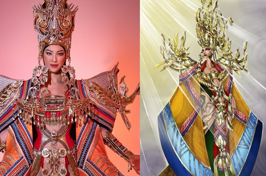 La tenue traditionnelle que Kim Duyen présentera à Miss Supranational 2022, s’inspire de l'histoire des ancêtres vietnamiens et leur processus d’édification nationale. Photo: VNA