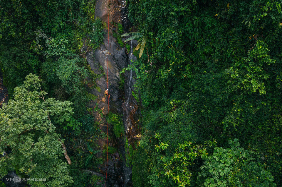 Panorama de la cascade qui traverse la vaste forêt primaire. 
