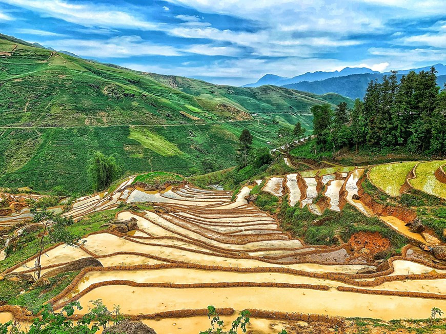 La saison de mise en eau des rizières dure de mai à juin. Alors que les agriculteurs locaux commencent à cultiver du riz, les visiteurs sont traités à la vue d'étangs scintillants. Photo: Vietnam+