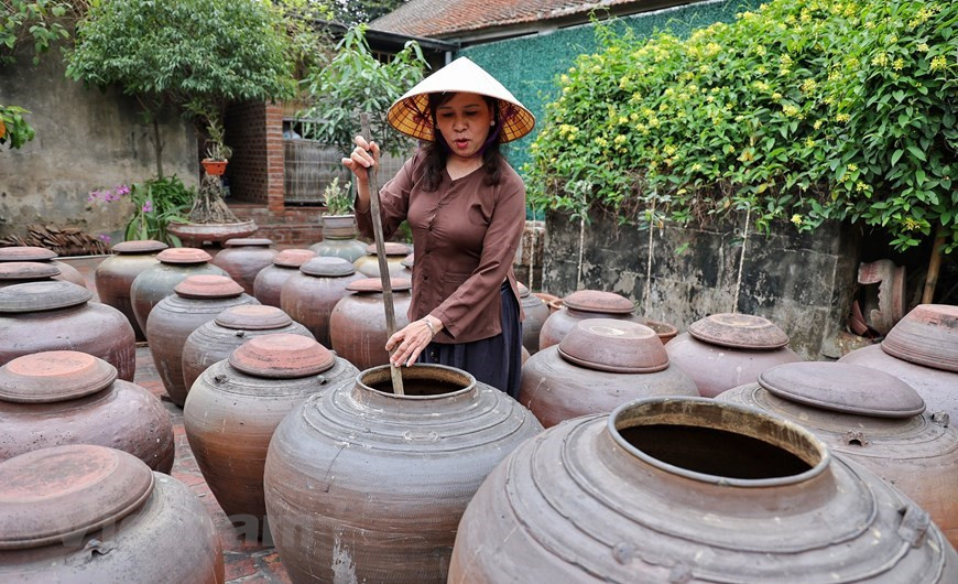 Chaque jarre contient jusqu'à des centaines de litres de sauce soja, un souvenir indispensable une fois que les visiteurs viennent à Duong Lam. Plus la sauce est conservée longtemps, plus elle sera délicieuse. En visitant les maisons anciennes de Duong Lam, les visiteurs peuvent acheter cette pâte salée à base de soja fermenté comme cadeau. Des jarres en terre cuite contenant des sauces soja bordent les cours, exhalant doucement un parfum caractéristique de sarriette et de noisette. Les valeurs culturelles traditionnelles, un paysage et une architecture typiques de la campagne du delta du fleuve Rouge et diverses spécialités ont fait du village de Duong Lam une destination touristique idéale. Photo: Vietnamplus