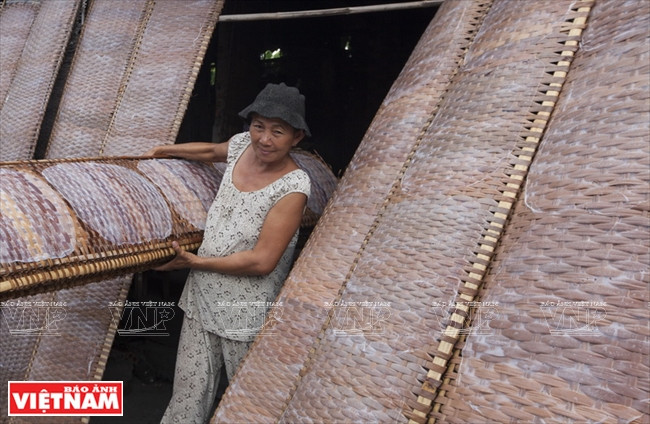Le séchage des galettes de riz est bien organisé.