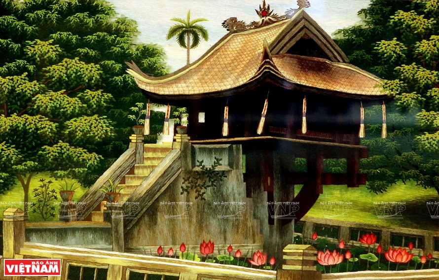 Une oeuvre de broderie de Quat Dong représente chùa Môt Côt (Pagode au Pilier unique) . 