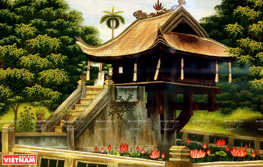 Une oeuvre de broderie de Quat Dong représente chùa Môt Côt (Pagode au Pilier unique) . 