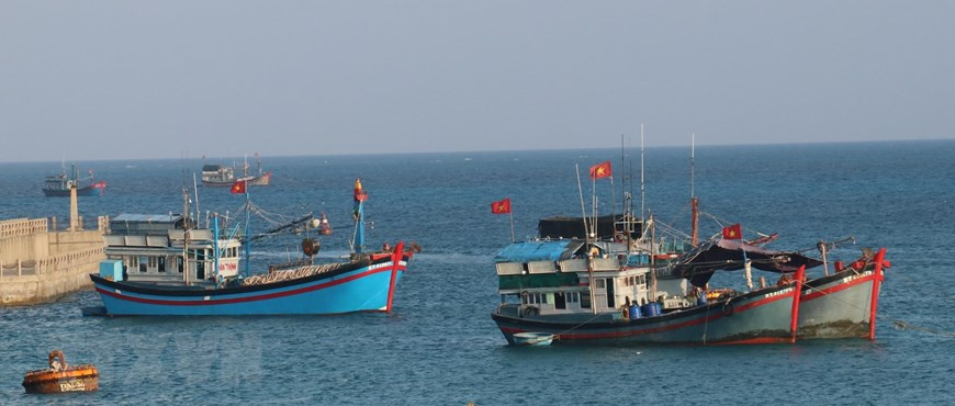Le drapeau national flotte sur le toit des bateaux de pêche des pêcheurs vietnamiens sur l'île de Da Tay A.