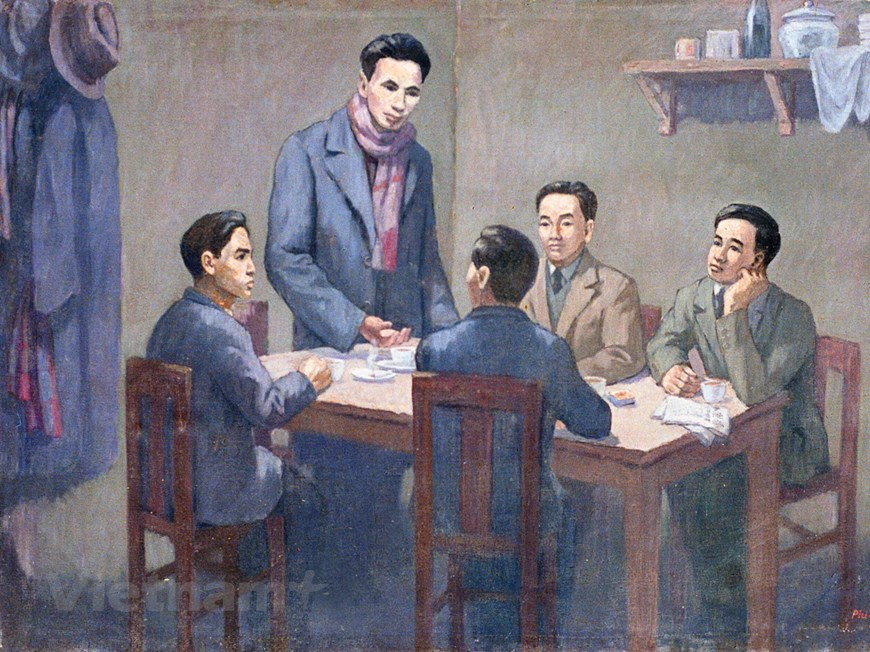 En tant qu’émissaire de l’Internationale communiste qui fut habilité à prendre des décisions sur toutes les questions concernant le mouvement révolutionnaire en Indochine, Nguyên Ai Quôc a convoqué la conférence des délégués du Parti communiste indochinois et du Parti communiste de l’Annam aux fins d’unification. Du 6 janvier au début février 1930, la conférence s'est tenue à Jiu Long, près de Hong Kong, en Chine, sous la présidence de Nguyên Ai Quôc. Les délégués ont approuvé à l’unanimité la fusion des ces groupes en un Parti communiste du Vietnam. Dans le dessin : Nguyên Ai Quôc et des représentants du Parti communiste indochinois et du Parti communiste de l’Annam. Photo : Minh Thu/Vietnam+ 