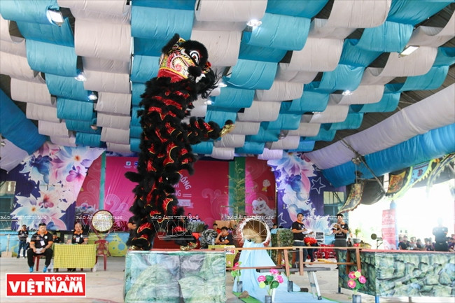 Le lion à deux pieds de la troupe Tân Anh Duong (Vung Tàu) traverse un pont de bois.