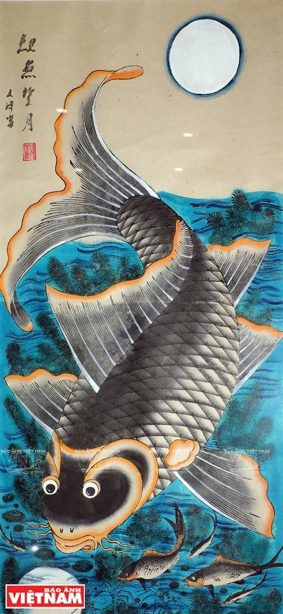 L'œuvre“Lý ngư vọng nguyệt” (Carpe regardant la lune) sur papier. Photo: Vietnam Illustré