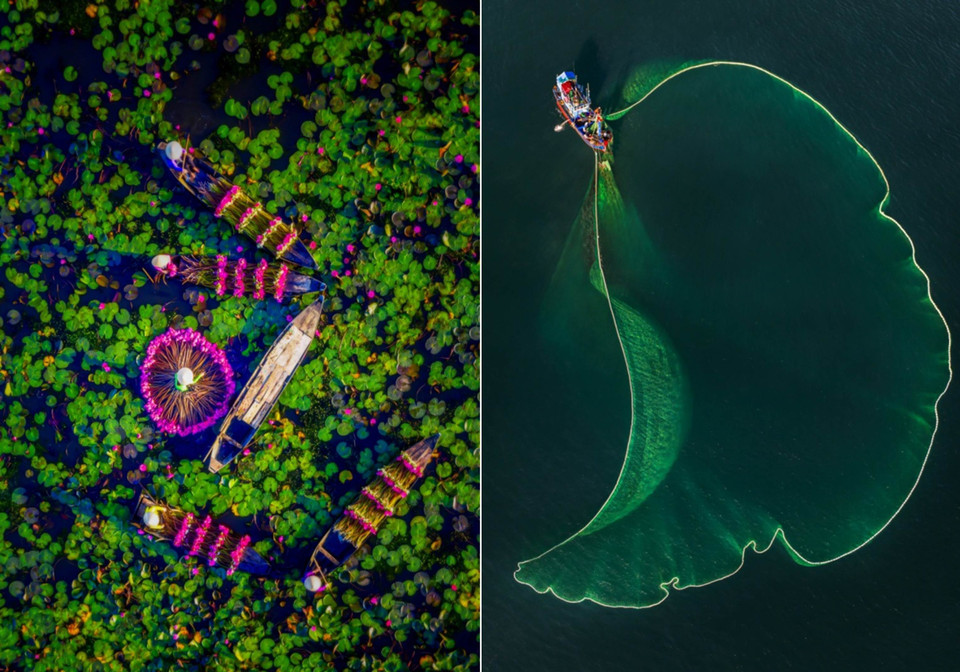 A ce concours photo Drone Photo Awards 2020, de nombreuses œuvres ont subjugué le public et le jury. Des auteurs du Vietnam ont présenté de nombreuses belles images dans plusieurs catégories, par exemple "Récolte des fleurs de nénuphars" (à gauche) de Tuan Nguyen Tan et "La forme du filet de pêche" de Khanh Phan.