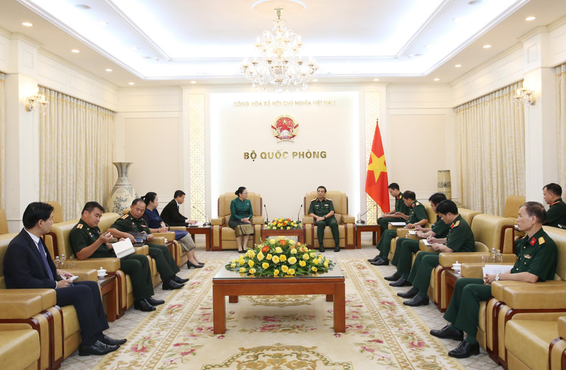 Le ministre de la Défense Phan Van Giang reçoit l’ambassadrice du Laos au Vietnam, Khamphao Ernthavanh, à Hanoi, le 3 juillet. Photo : VNA