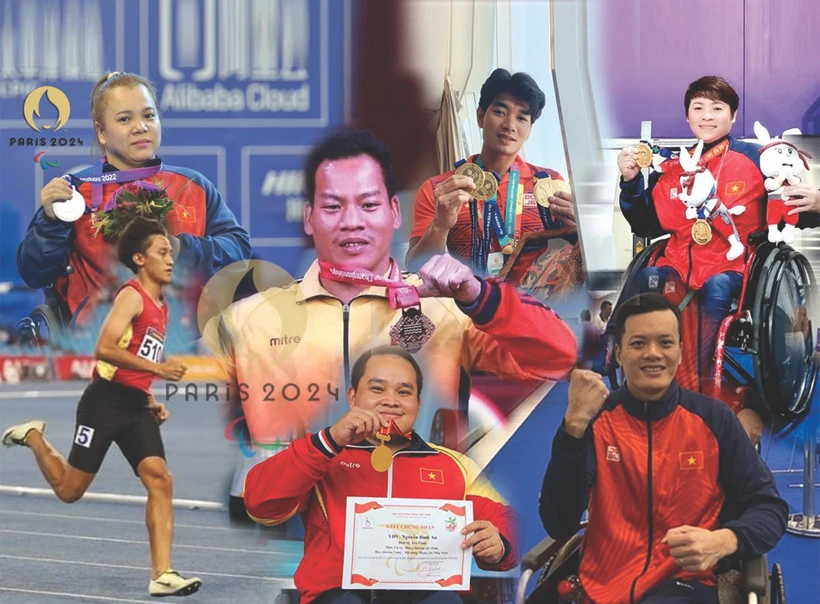 Sept sportifs de la délégation vietnamienne participant aux Jeux paralympiques, du 28 août au 8 septembre à Paris. Photo: VNA