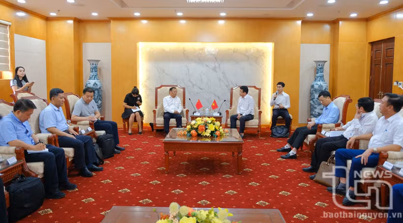 Des représentants du Comité populaire de la province de Thai Nguyên et du Comité nationale des affaires ethniques de Chine lors de la séance de travail. Photo : baothainguyen.vn