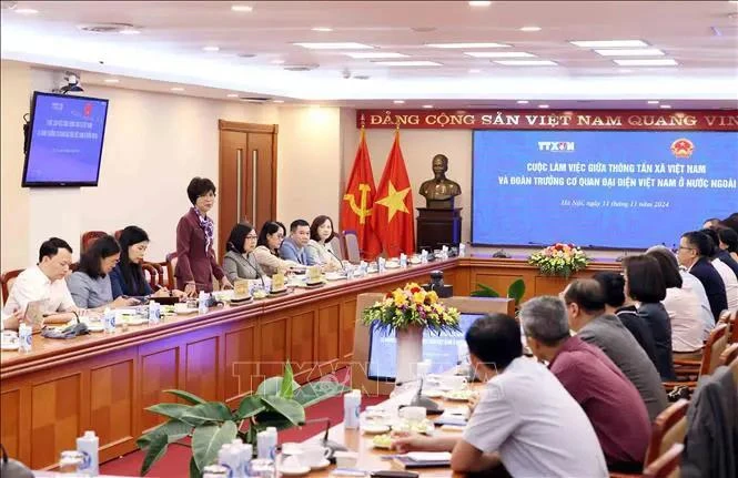 La directrice générale de l’Agence vietnamienne d’information Vu Viêt Trang s’exprime lors de la séance de travail, à Hanoi, le 11 novembre. Photo : VNA