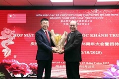 Ho Xuan Lam (à droite), vice-président et secrétaire général de l'Union municipale des organisations d'amitié, et Tang Li, consul général de Chine à Hô Chi Minh-Ville, lors de la rencontre. Photo : VNA