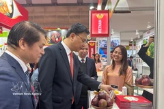 L’ambassadeur du Vietnam au Japon, Pham Quang Hieu, visite un stand présentant des fruits vietnamiens. Photo : VNA
