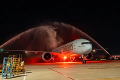 Le premier vol d’Emirates à destination de Da Nang est salué par un jet d’eau cérémoniel. Photo: Sun Group